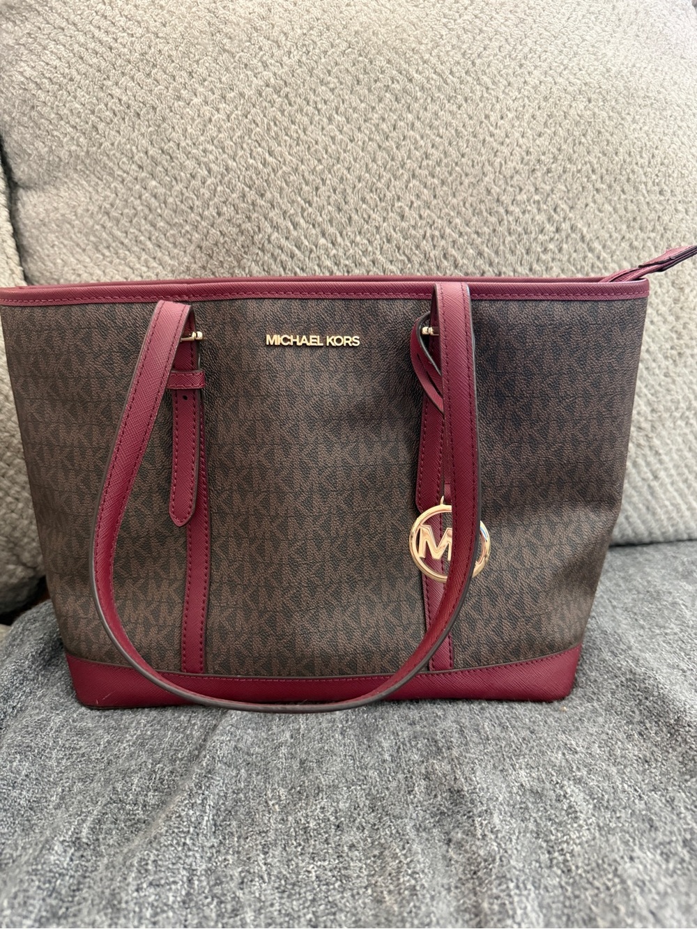 Michael Kors Brown and Burgundy Monogram Tote with Gold Logo Charm